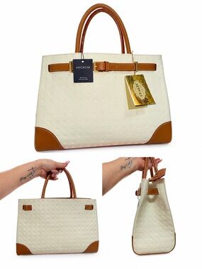 Arcadia Cream Tote with Tan Leather Trim and Top Handles